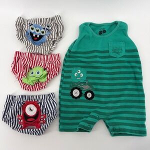 Tip Top Baby Monster Romper and Diaper Covers Set Green Striped 0-6 Months 4pc